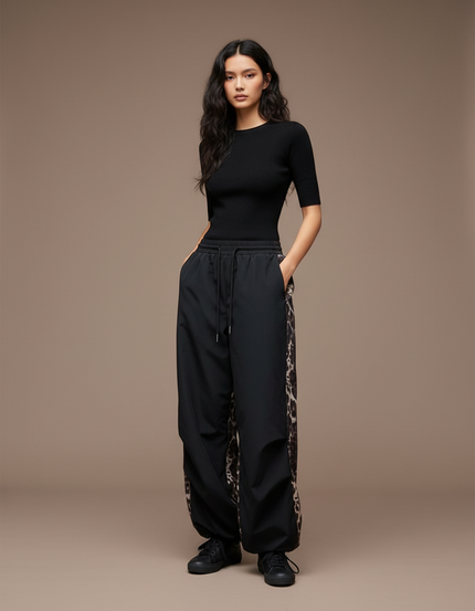 Pantalon Léopard Noir Ample Patchwork Décontracté - Polyester