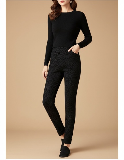 Pantalon Léopard Noir Imprimé Slim Élastique Femme - Maille