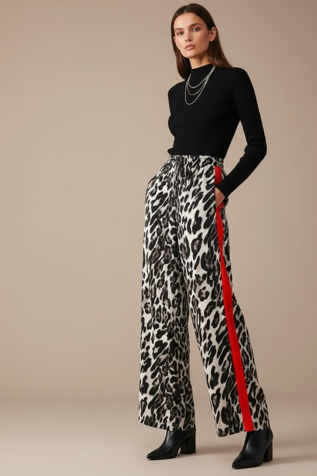 Pantalon Léopard Fluide Bande Rouge Ample Chic - Imprimé Viscose