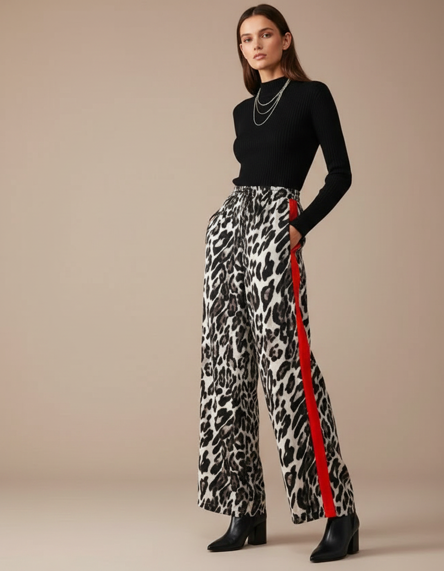 Pantalon Léopard Fluide Bande Rouge Ample Chic - Imprimé Viscose
