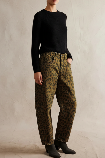 Pantalon Léopard Vert Kaki Imprimé Ample Denim - Jean