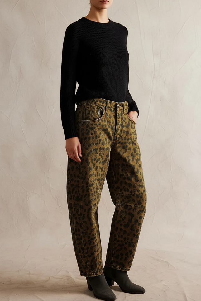 Pantalon Léopard Vert Kaki Imprimé Ample Denim - Jean
