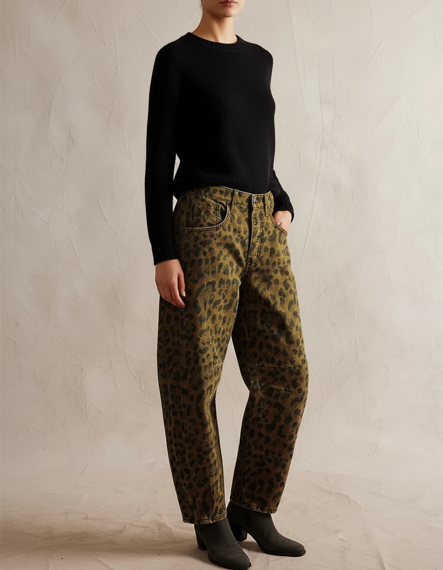 Pantalon Léopard Vert Kaki Imprimé Ample Denim - Jean