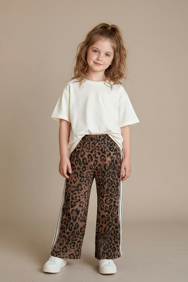 Pantalon Léopard Marron Ample Bandes Blanches - Molleton