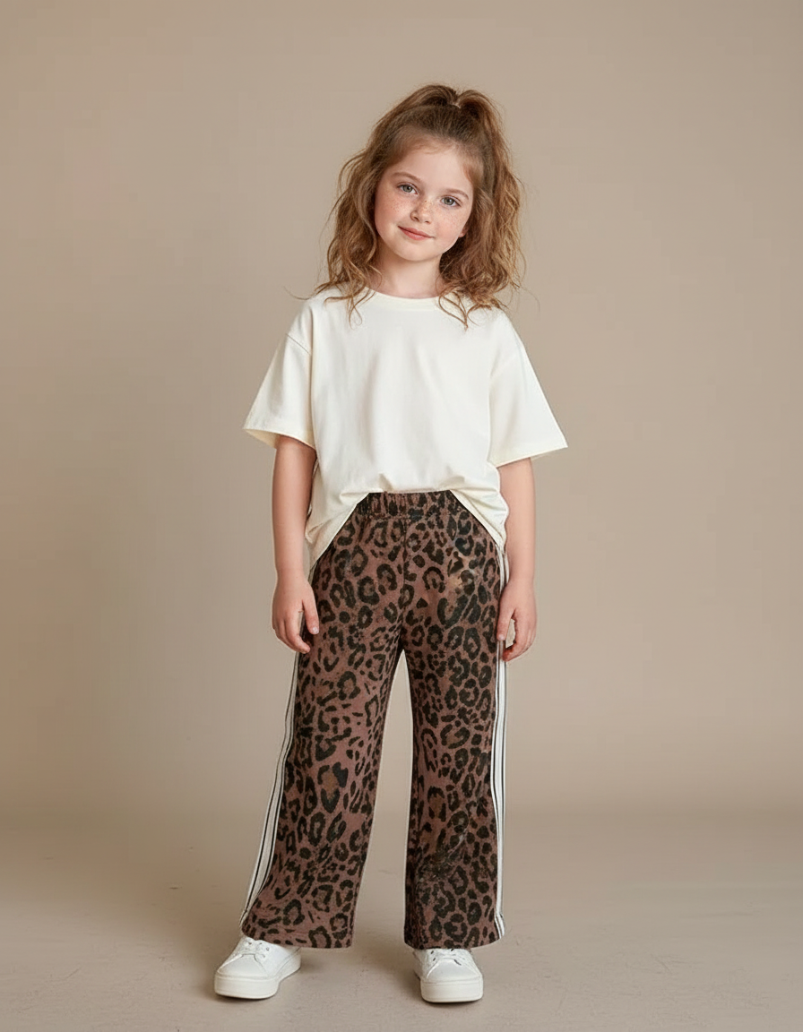 Pantalon Léopard Marron Ample Bandes Blanches - Molleton