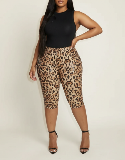 Pantalon Léopard Court Moulant Paillettes Stretch Femme - Imprimé Polyester
