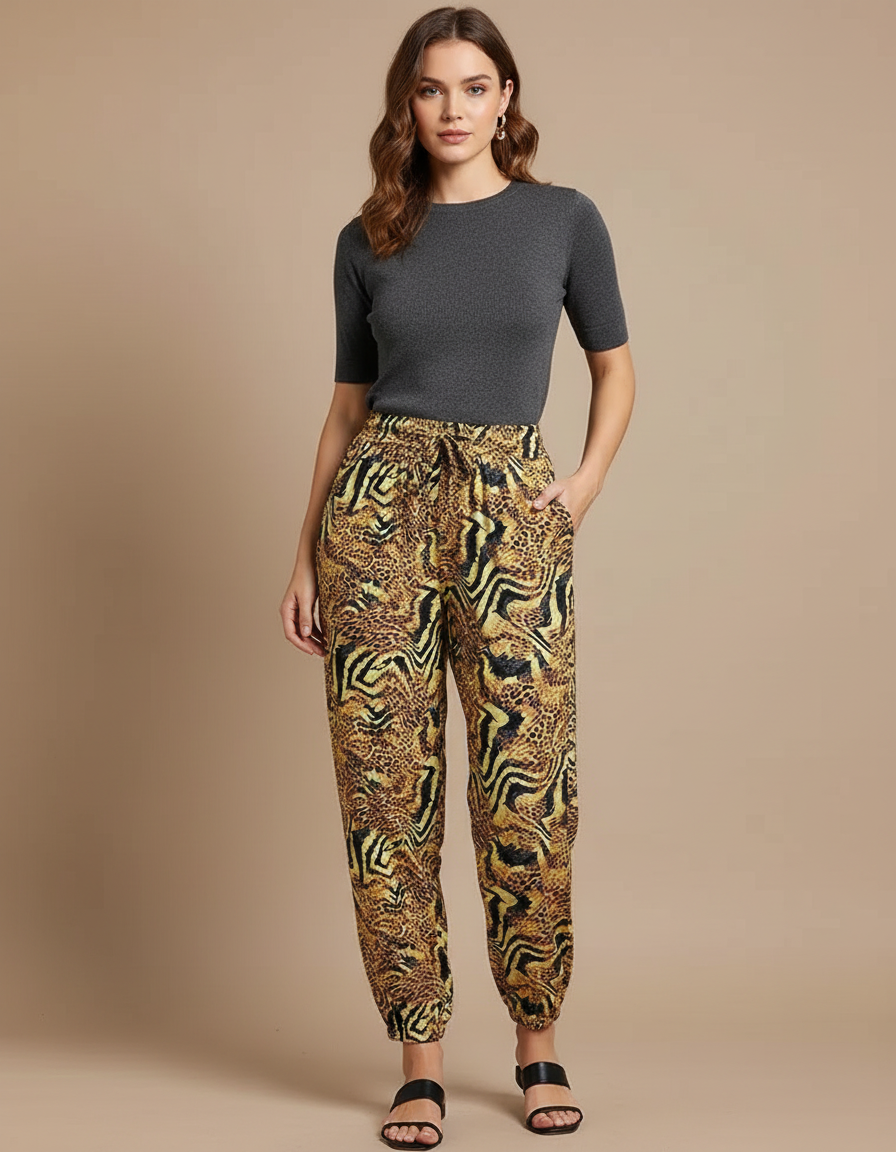 Pantalon Léopard Fluide Ample Imprimé Animal Casual - Viscose