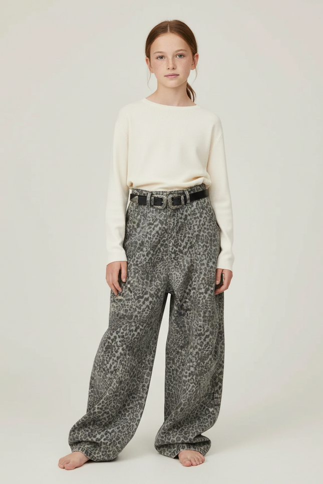 Pantalon Léopard Gris Ample Décontracté Ceinturé - Imprimé Jean