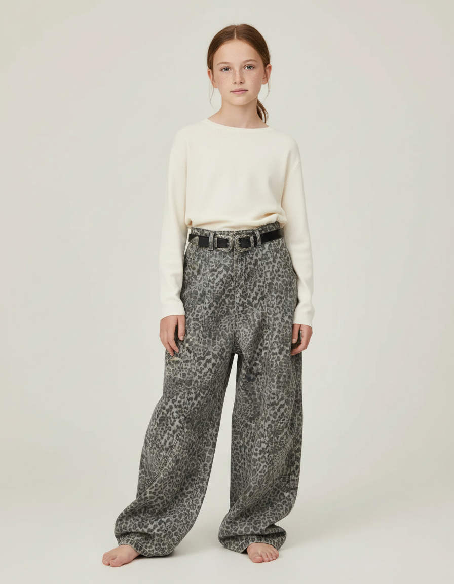 Pantalon Léopard Gris Ample Décontracté Ceinturé - Imprimé Jean