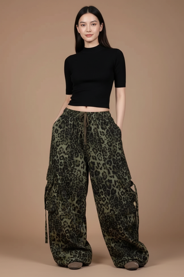 Pantalon Léopard Cargo Vert Ample Imprimé Streetwear - Kaki Toile