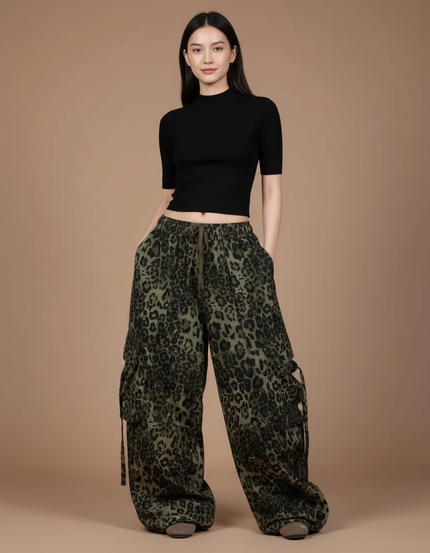Pantalon Léopard Cargo Vert Ample Imprimé Streetwear - Kaki Toile