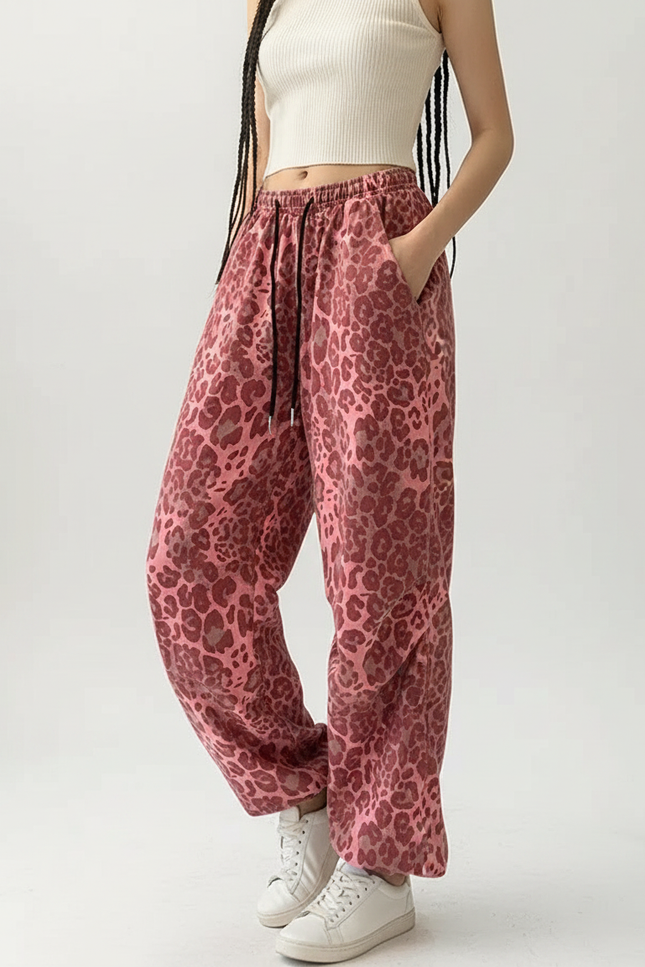 Pantalon Léopard Rose Imprimé Ample Streetwear Large - Molleton