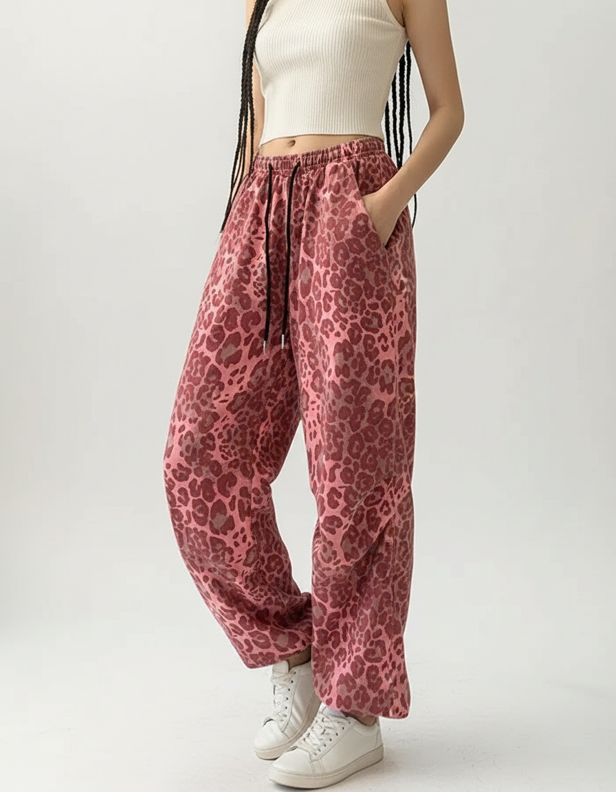 Pantalon Léopard Rose Imprimé Ample Streetwear Large - Molleton