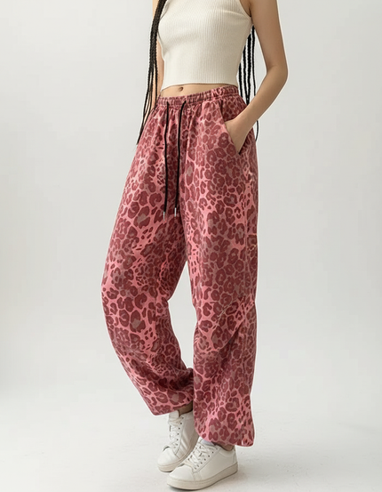 Pantalon Léopard Rose Imprimé Ample Streetwear Large - Molleton