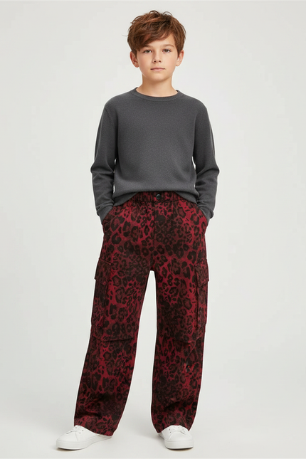 Pantalon Léopard Rouge Cargo Ample Enfant Imprimé - Molleton