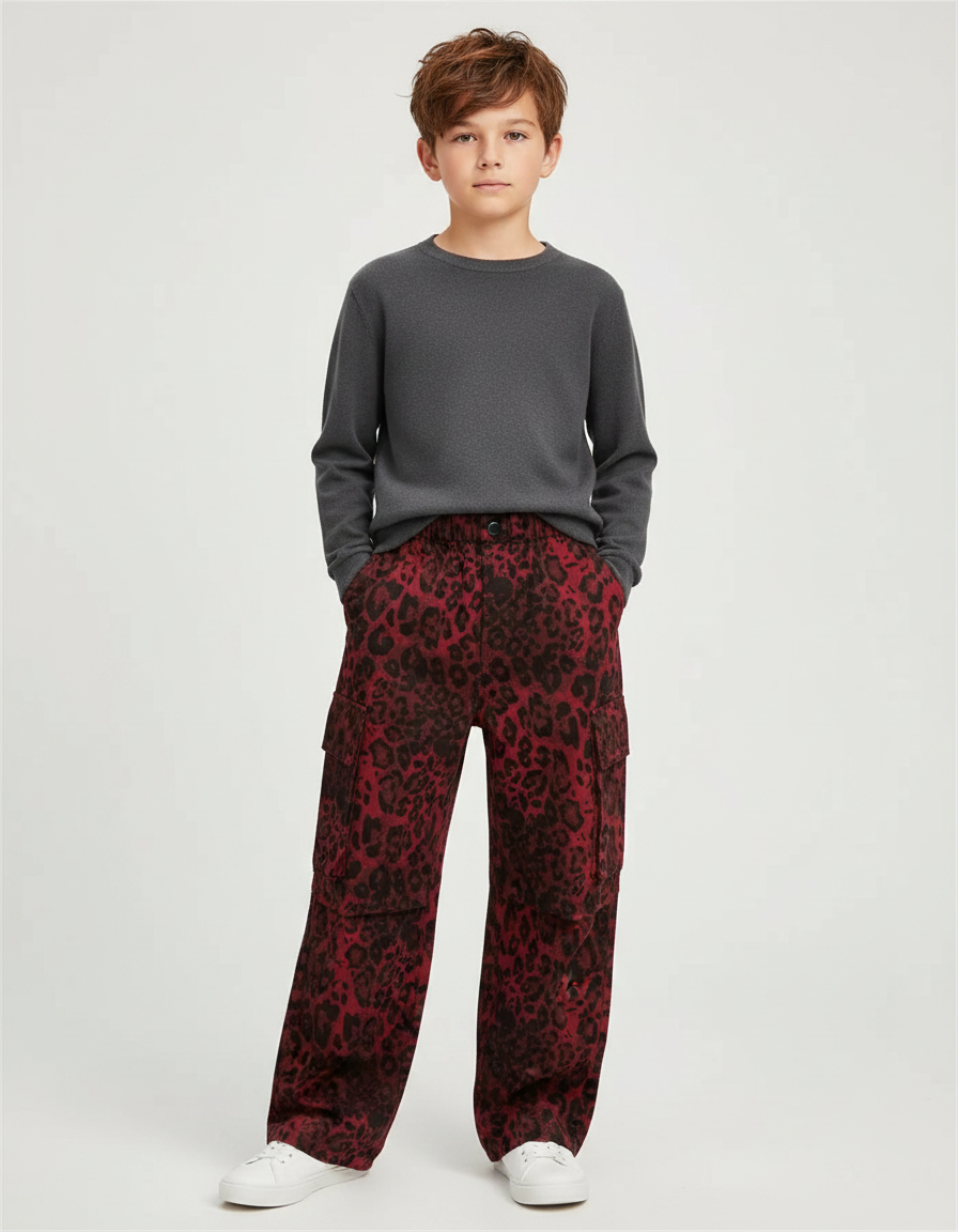 Pantalon Léopard Rouge Cargo Ample Enfant Imprimé - Molleton