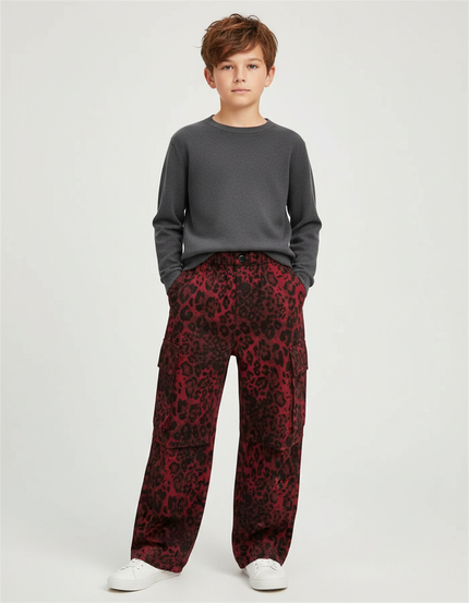 Pantalon Léopard Rouge Cargo Ample Enfant Imprimé - Molleton