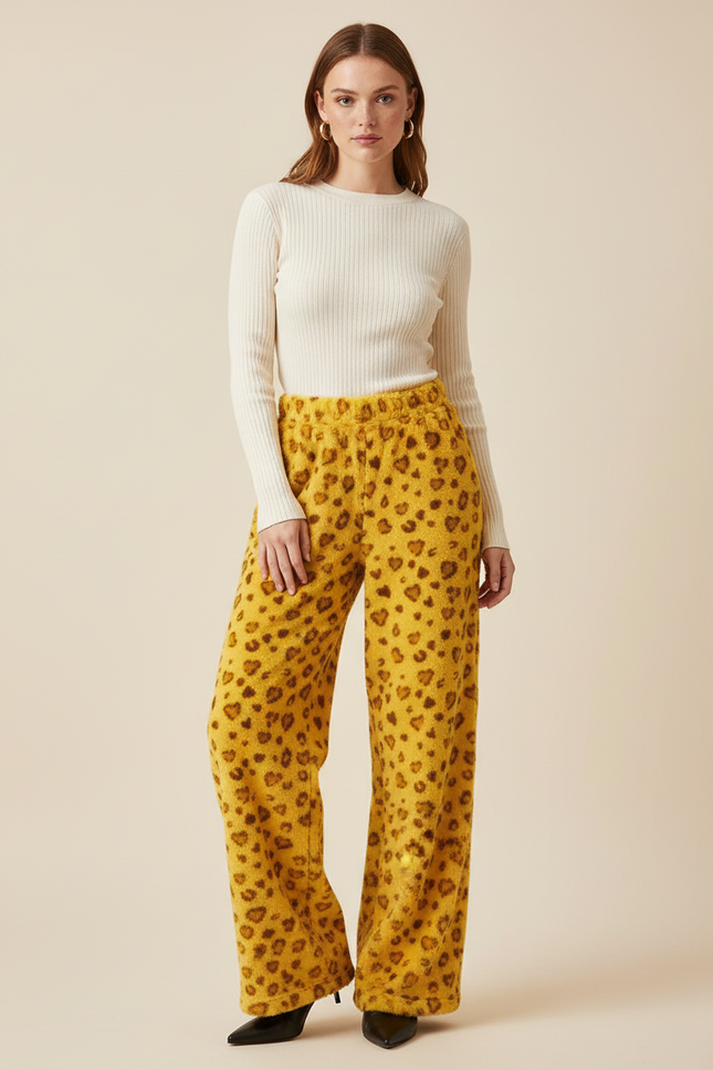 Pantalon Léopard Jaune Ample Cœurs Polaire Doux - Molleton