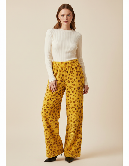 Pantalon Léopard Jaune Ample Cœurs Polaire Doux - Molleton