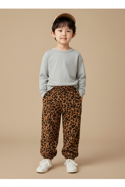 Pantalon Léopard Enfant Molleton Doux Ample Marron