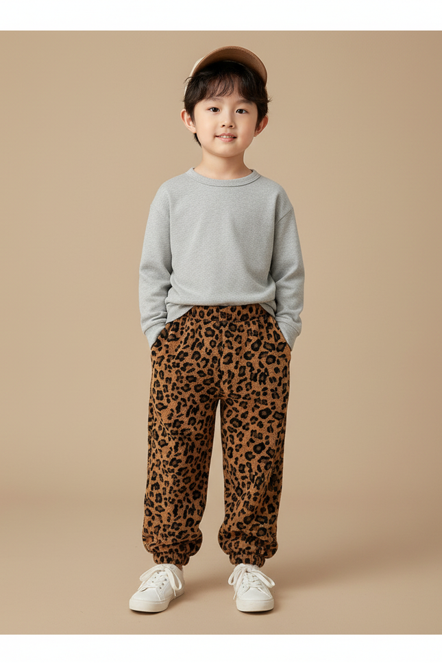 Pantalon Léopard Enfant Molleton Doux Ample Marron