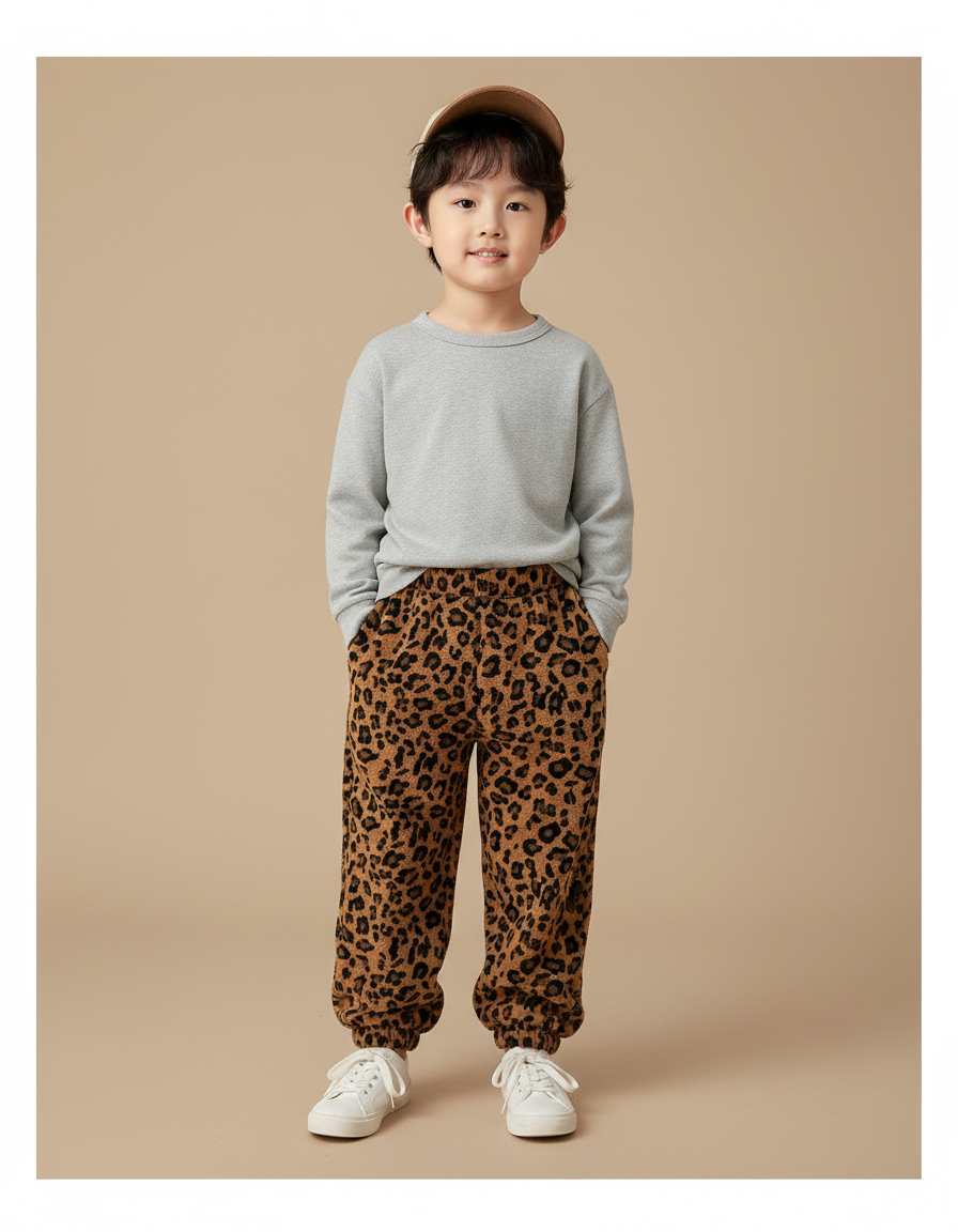 Pantalon Léopard Enfant Molleton Doux Ample Marron
