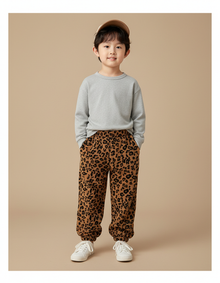 Pantalon Léopard Enfant Molleton Doux Ample Marron