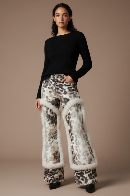 Pantalon Léopard Délavé Fourrure Large Femme - Imprimé Jean