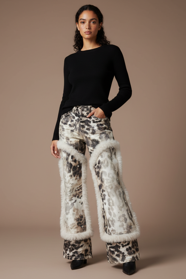 Pantalon Léopard Délavé Fourrure Large Femme - Imprimé Jean