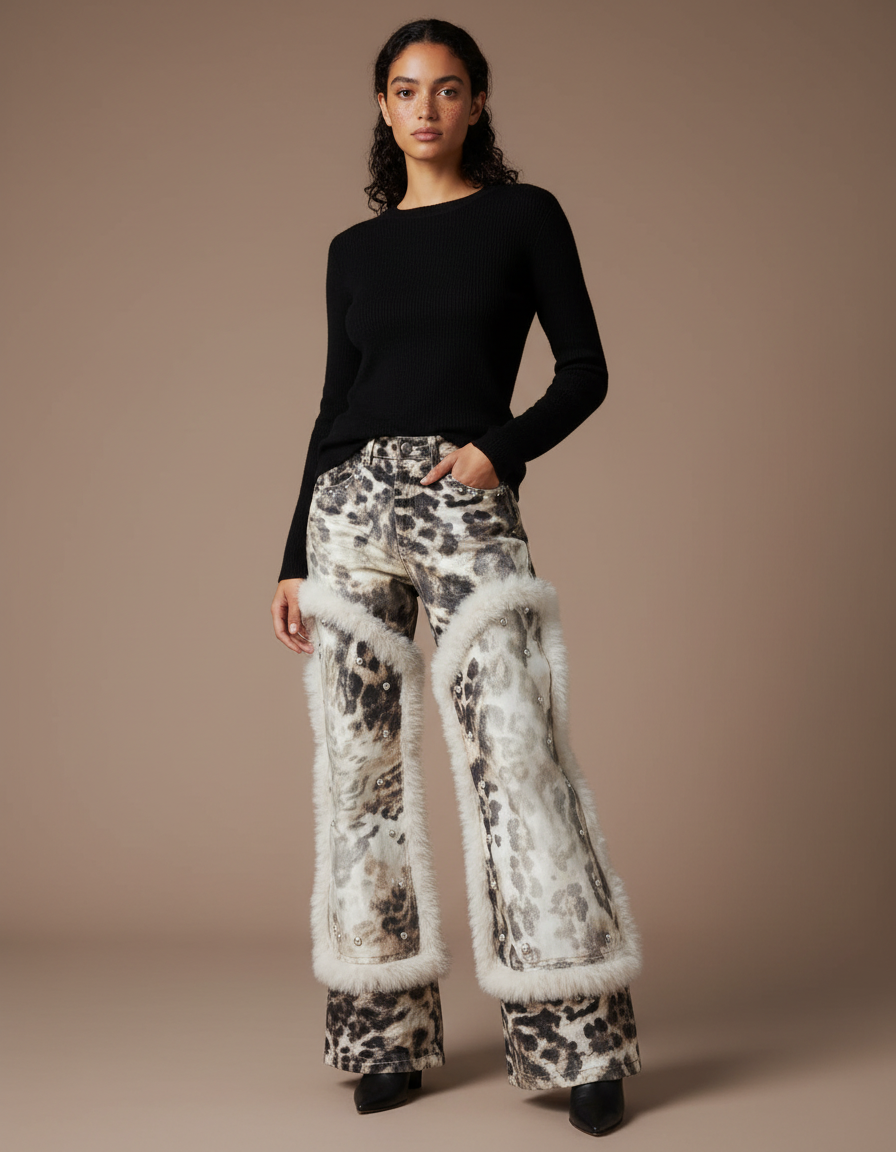 Pantalon Léopard Délavé Fourrure Large Femme - Imprimé Jean