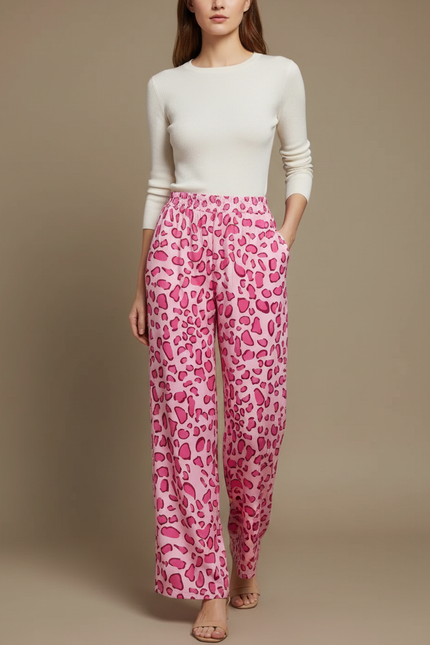 Pantalon Léopard Rose Fluide Imprimé Taille Haute - Viscose