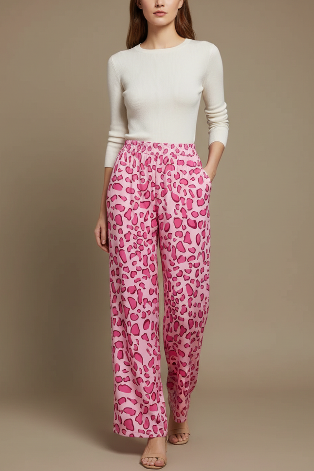Pantalon Léopard Rose Fluide Imprimé Taille Haute - Viscose