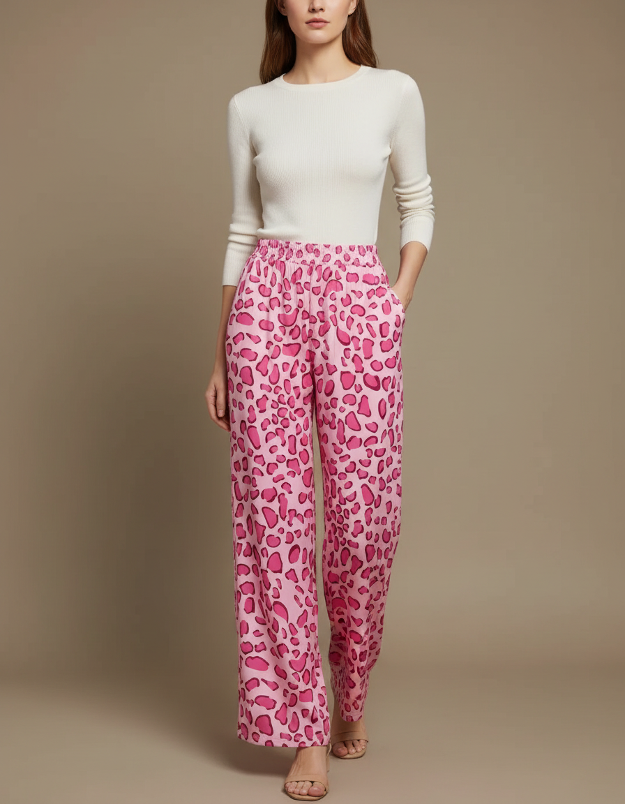Pantalon Léopard Rose Fluide Imprimé Taille Haute - Viscose