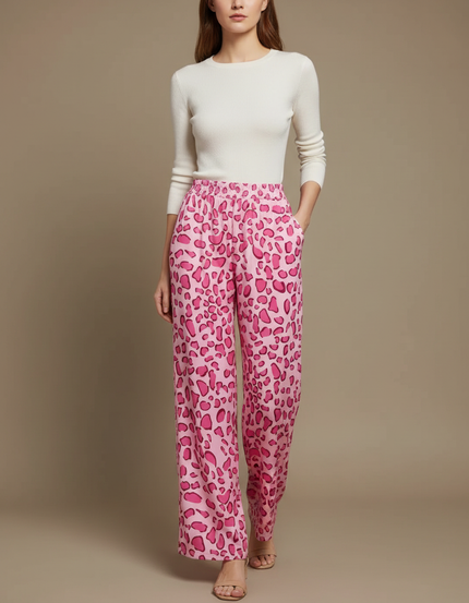 Pantalon Léopard Rose Fluide Imprimé Taille Haute - Viscose