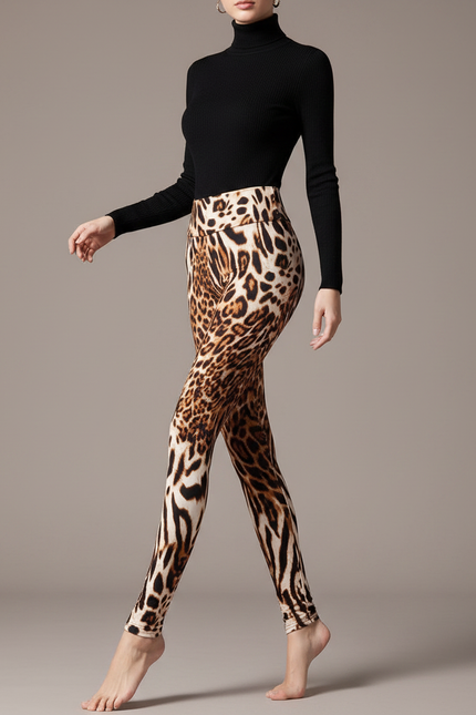 Pantalon Léopard Imprimé Moulant Taille Haute Stretch - Polyester