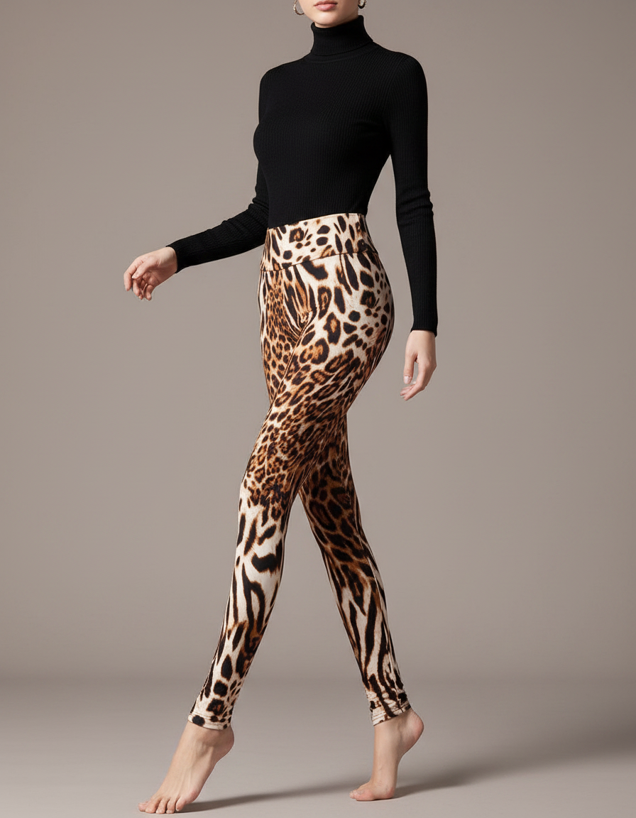 Pantalon Léopard Imprimé Moulant Taille Haute Stretch - Polyester