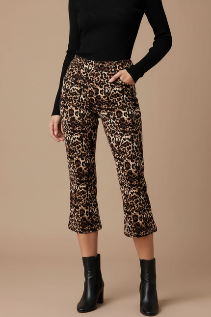 Pantalon Léopard Évasé Court Imprimé Stretch Femme - Maille