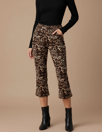 Pantalon Léopard Évasé Court Imprimé Stretch Femme - Maille
