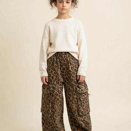 Pantalon Léopard Cargo Ample Imprimé Marron Enfant - Toile