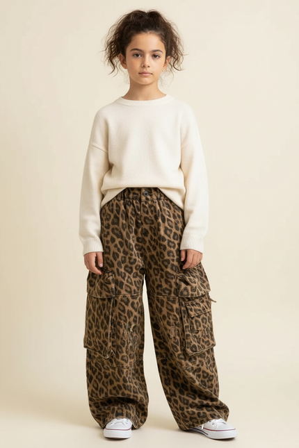 Pantalon Léopard Cargo Ample Imprimé Marron Enfant - Toile
