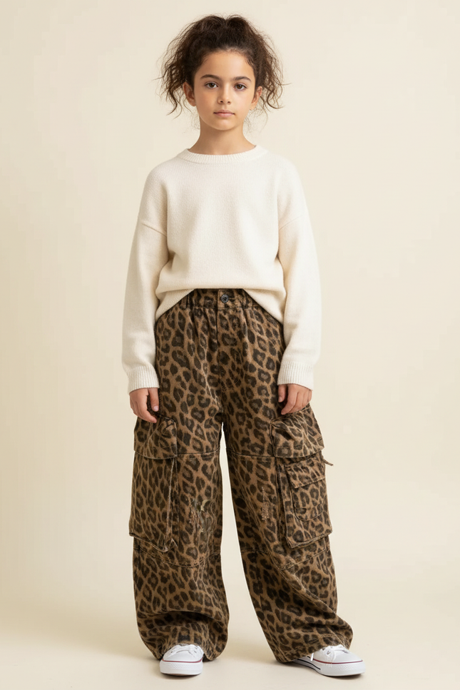 Pantalon Léopard Cargo Ample Imprimé Marron Enfant - Toile