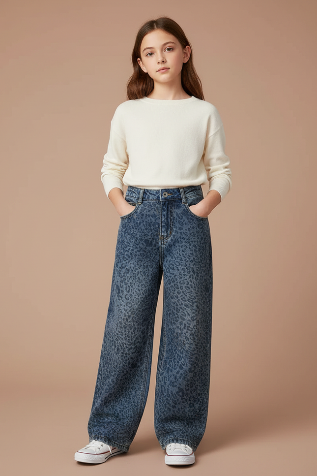 Pantalon Léopard Denim Ample Imprimé Fille Hiver - Jean
