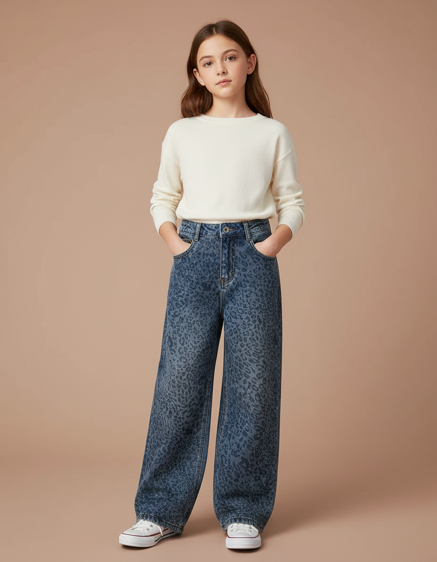 Pantalon Léopard Denim Ample Imprimé Fille Hiver - Jean