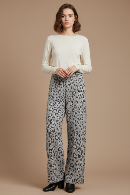 Pantalon Léopard Gris Ample Tricoté Décontracté Femme - Maille