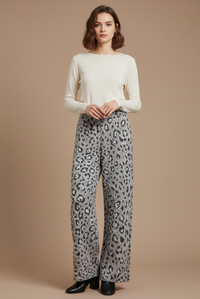Pantalon Léopard Gris Ample Tricoté Décontracté Femme - Maille