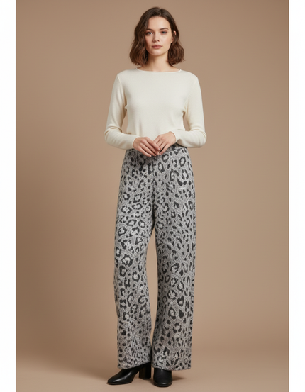 Pantalon Léopard Gris Ample Tricoté Décontracté Femme - Maille