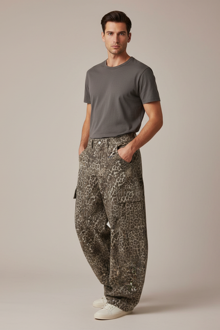 Pantalon Léopard Cargo Ample Denim Imprimé Homme - Jean