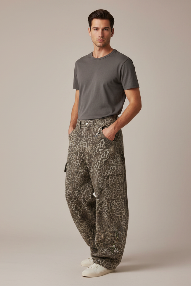 Pantalon Léopard Cargo Ample Denim Imprimé Homme - Jean