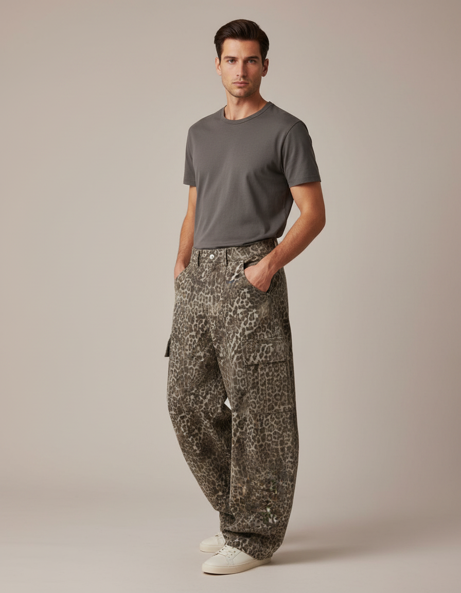 Pantalon Léopard Cargo Ample Denim Imprimé Homme - Jean