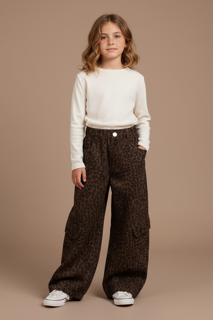 Pantalon Léopard Marron Ample Cargo Décontracté Fille - Toile